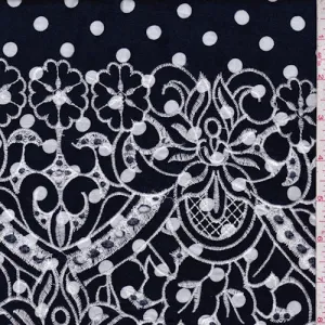 1 YD PC-Dark Navy/White Dot Embroidered Floral Rayon Challis Fabric