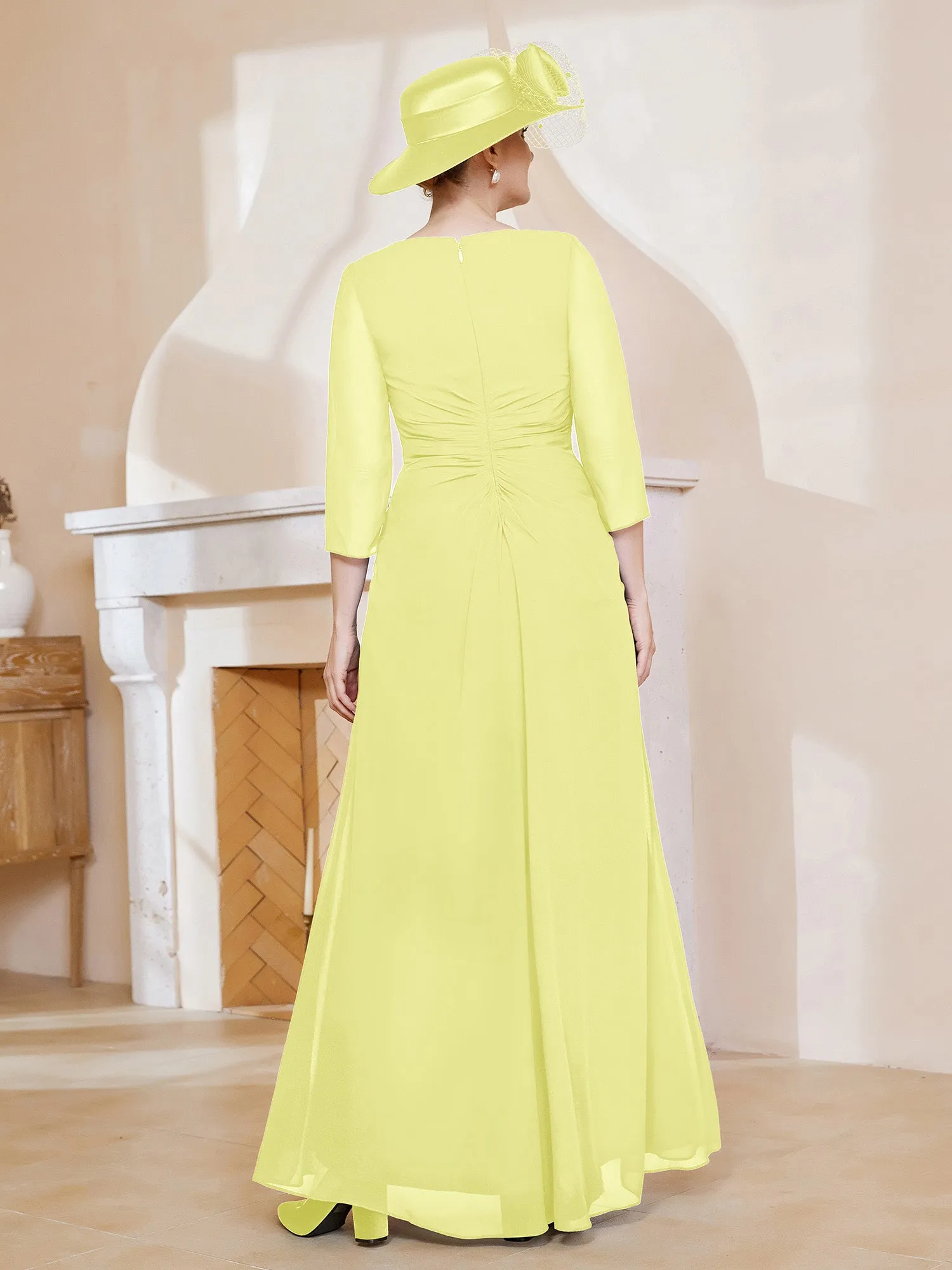 3/4-Length Sleeves V-neck Pleated Long Dress Daffodil