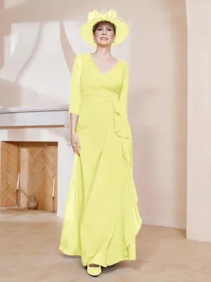 3/4-Length Sleeves V-neck Pleated Long Dress Daffodil