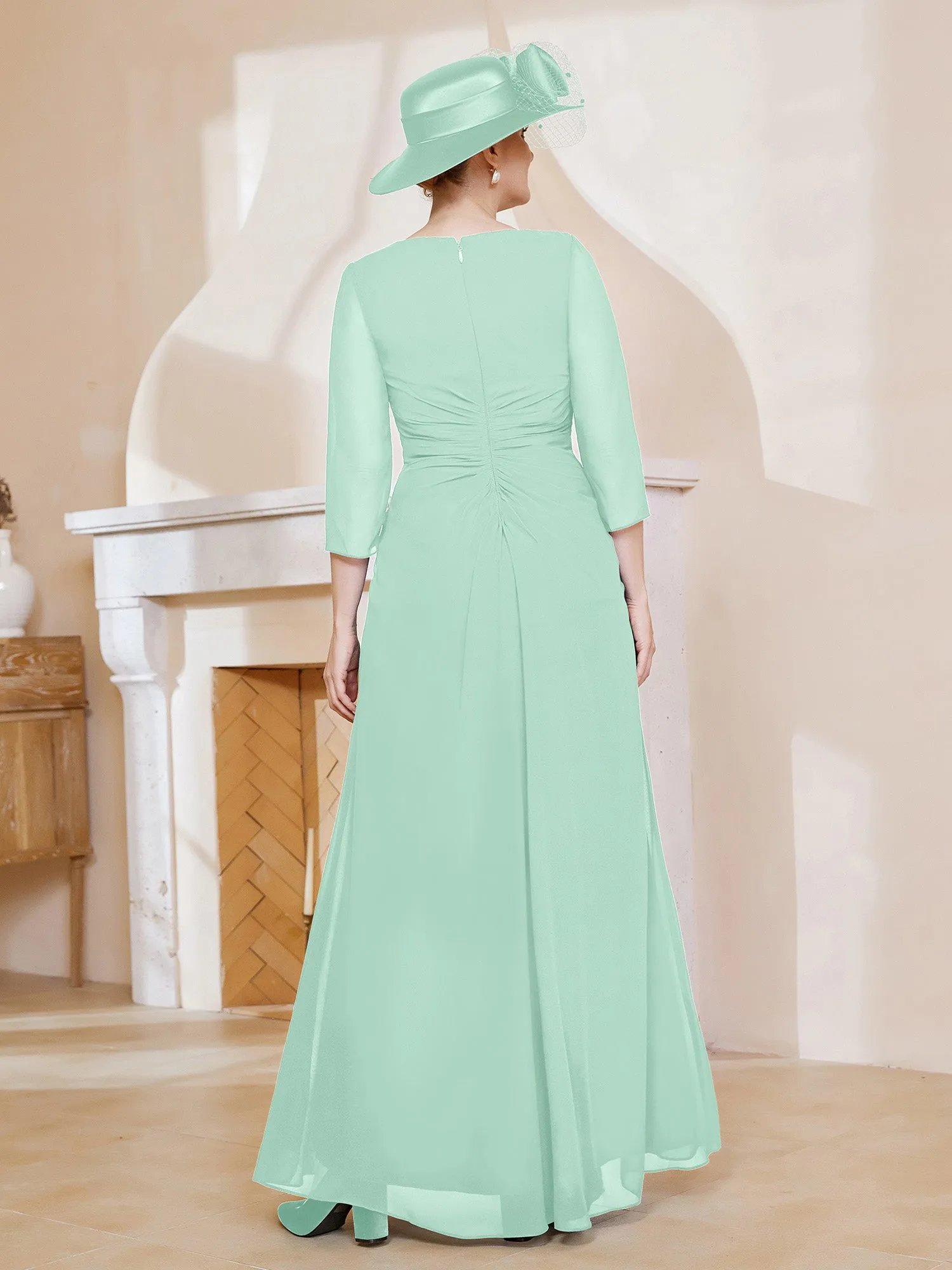 3/4-Length Sleeves V-neck Pleated Long Dress Mint Green