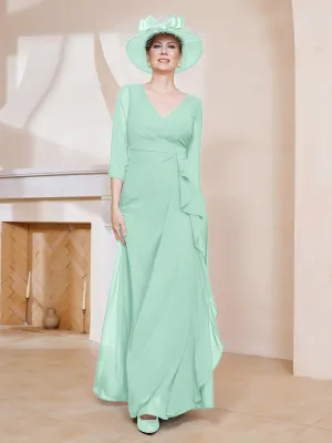 3/4-Length Sleeves V-neck Pleated Long Dress Mint Green