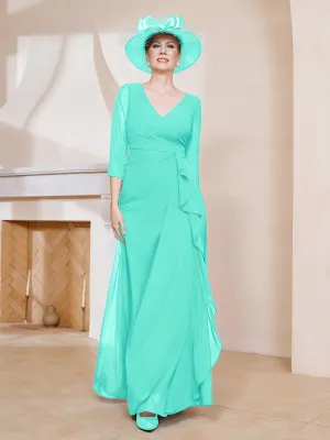 3/4-Length Sleeves V-neck Pleated Long Dress Spa