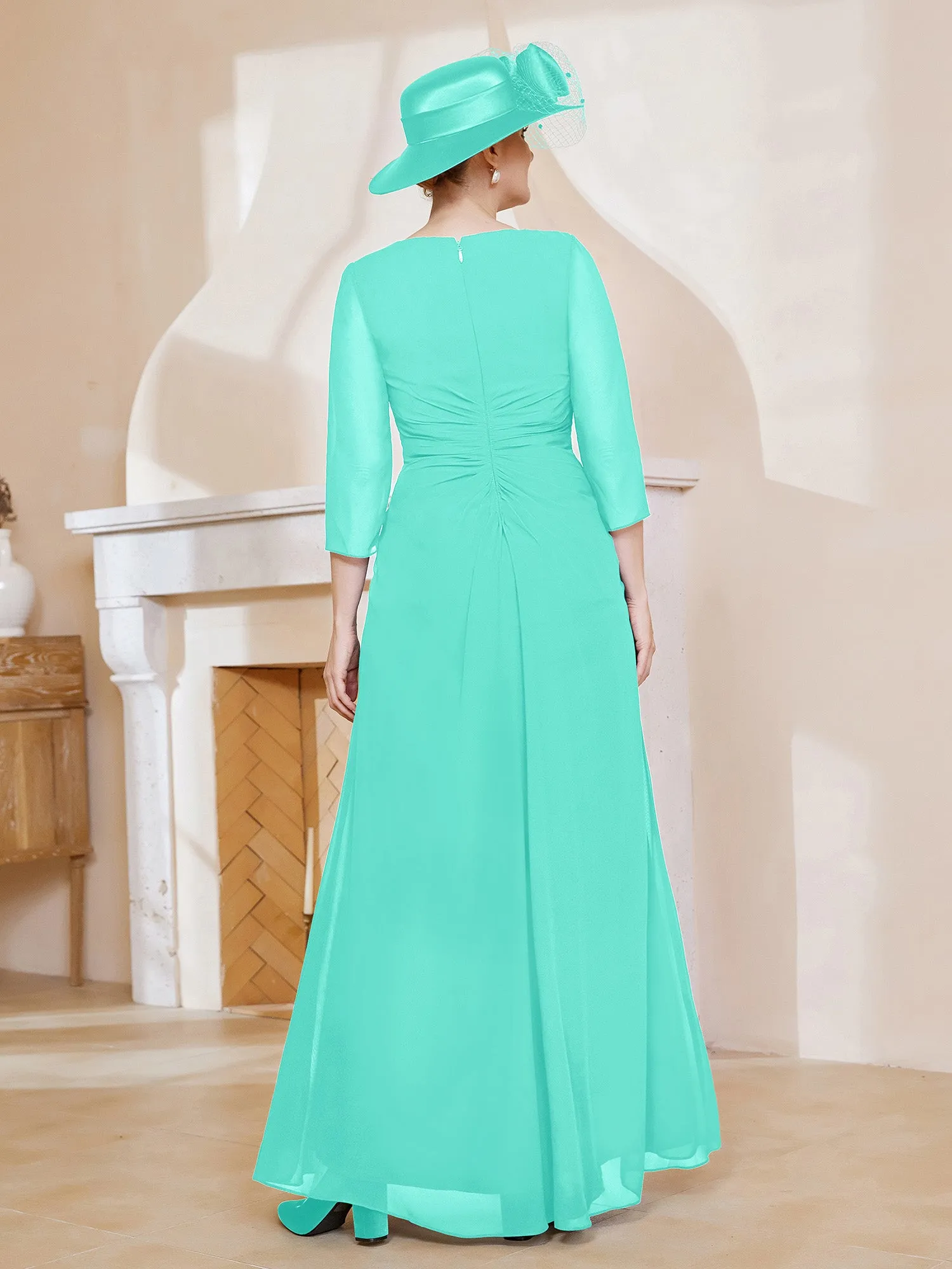 3/4-Length Sleeves V-neck Pleated Long Dress Spa