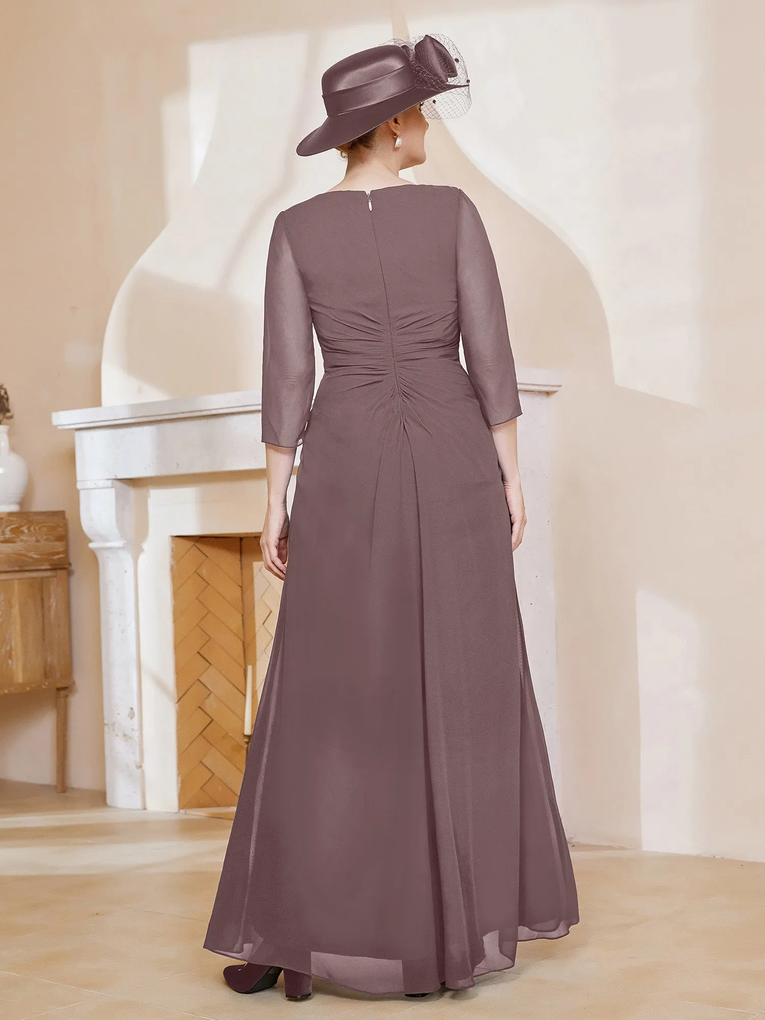 3/4-Length Sleeves V-neck Pleated Long Dress Vintage Mauve