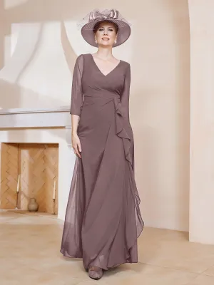 3/4-Length Sleeves V-neck Pleated Long Dress Vintage Mauve