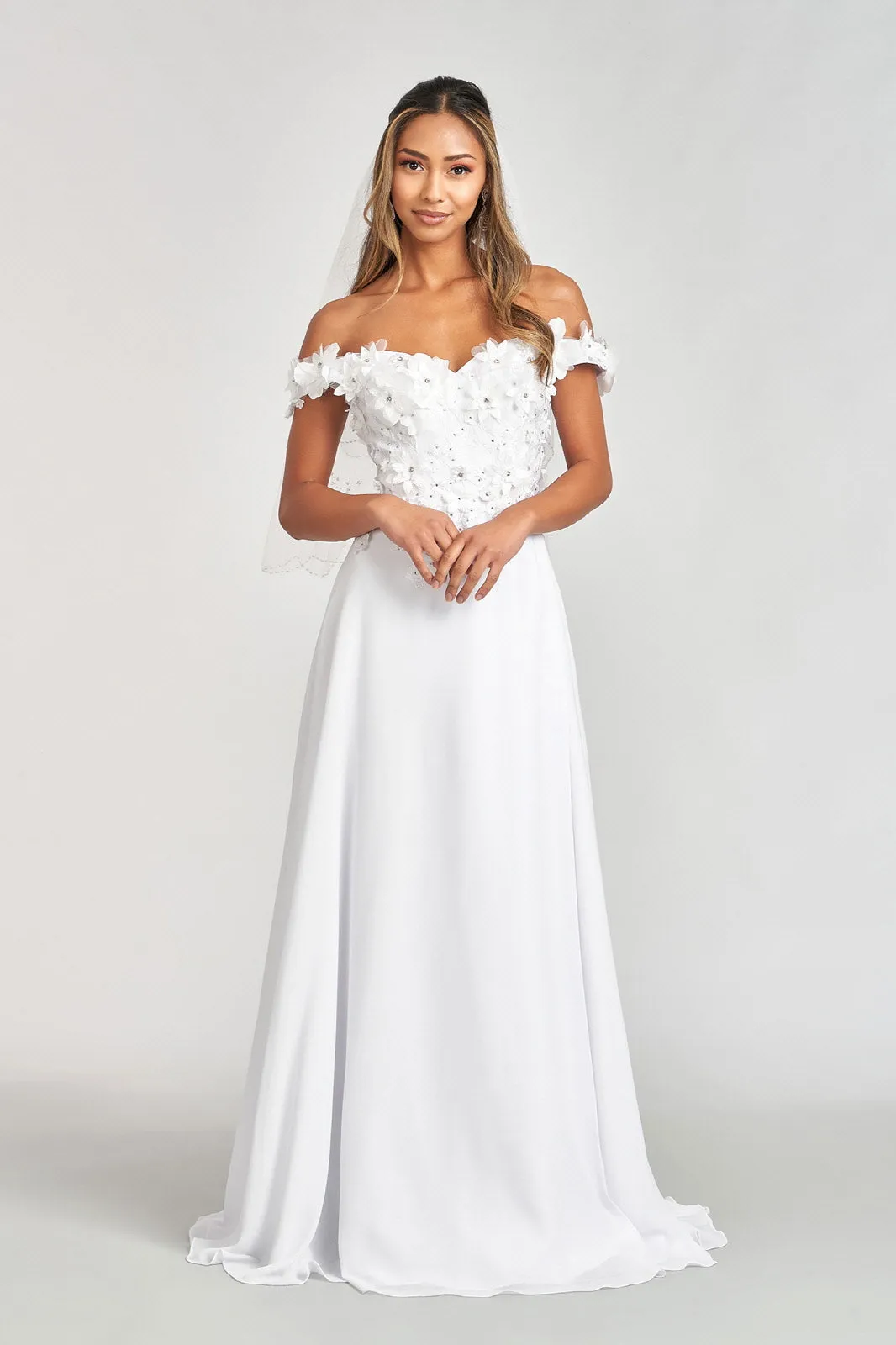 3D Floral Off Shoulder Slit Gown by Elizabeth K GL3018 - Outlet