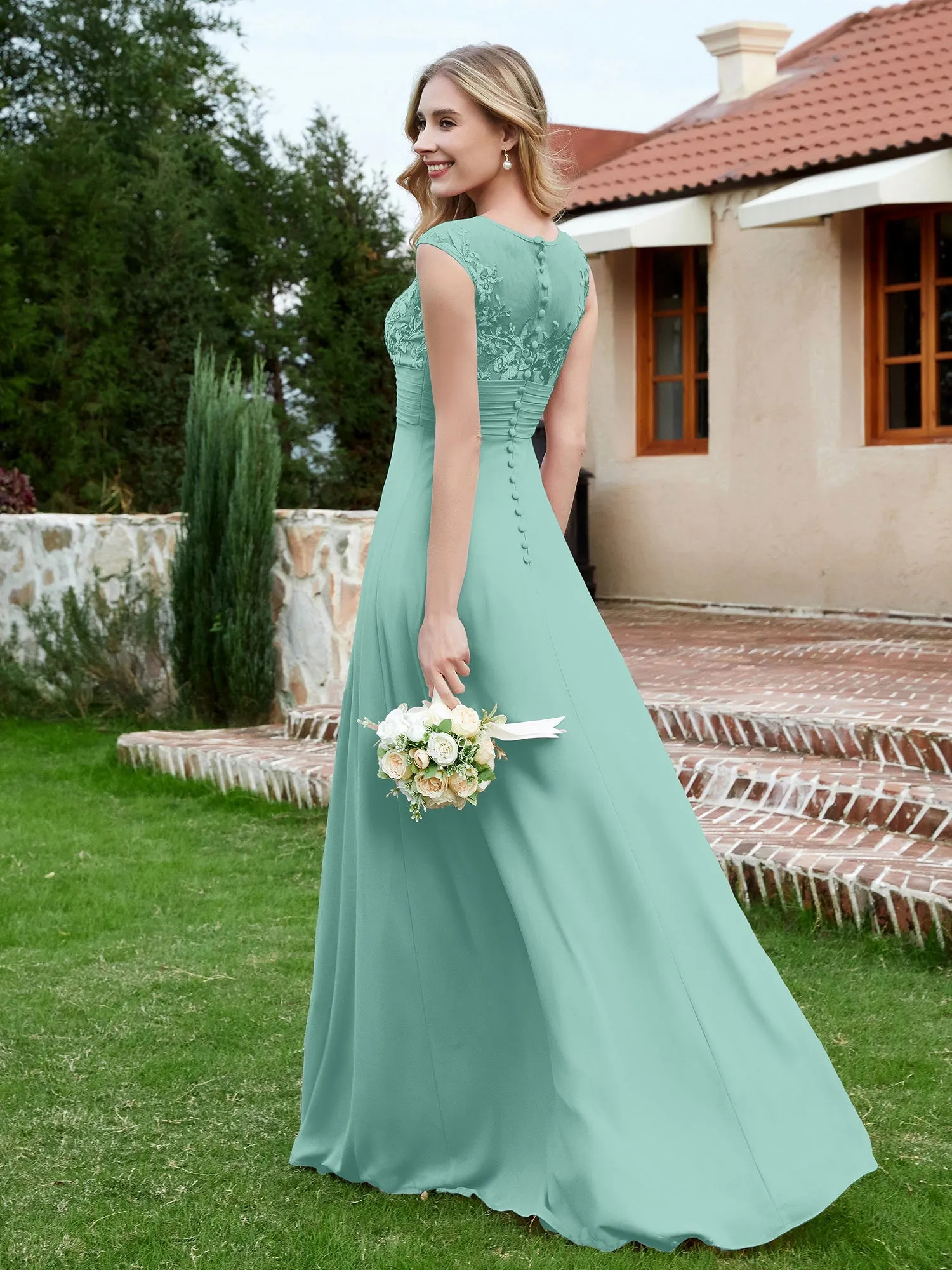 A-Line Chiffon Dress with Illusion Neckline Turquoise Plus Size