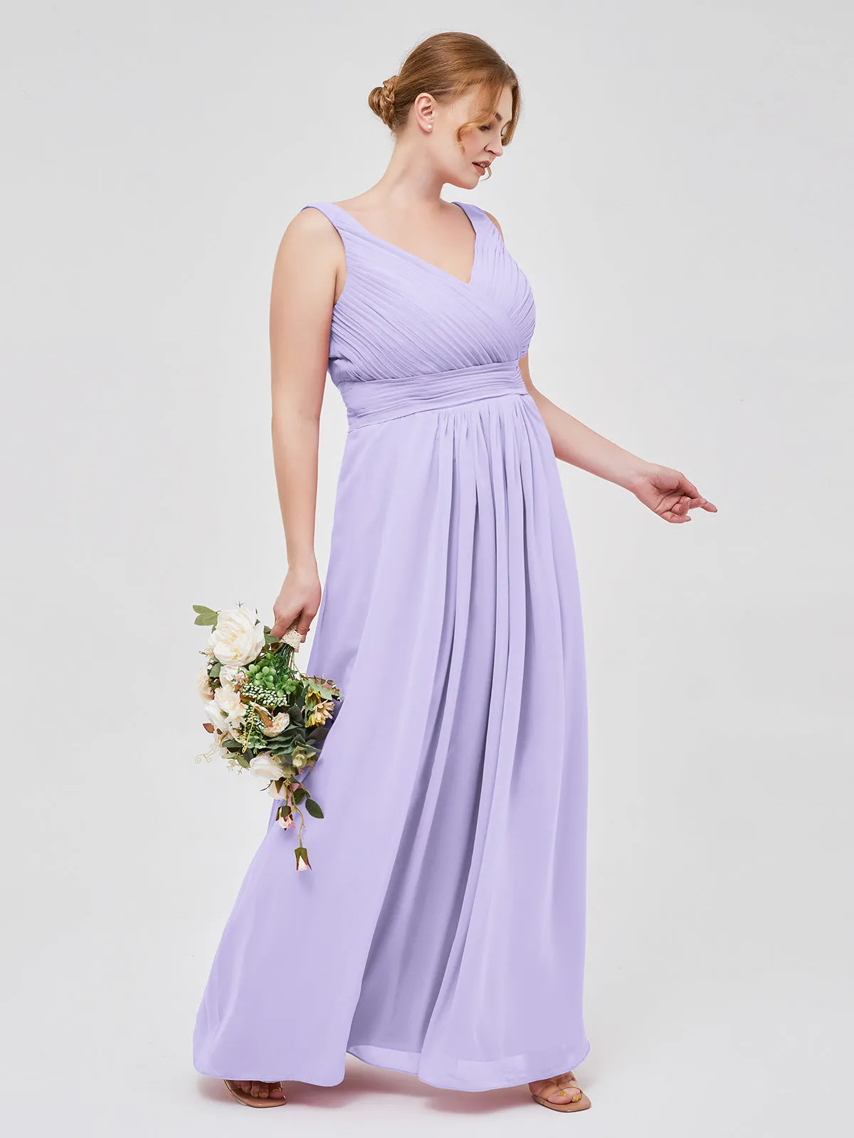 A-line Chiffon Floor Length V Neck Dresses Lilac Plus Size