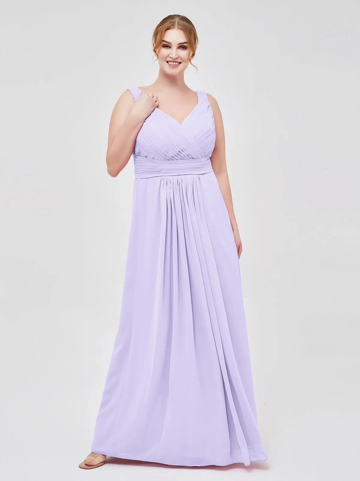 A-line Chiffon Floor Length V Neck Dresses Lilac Plus Size