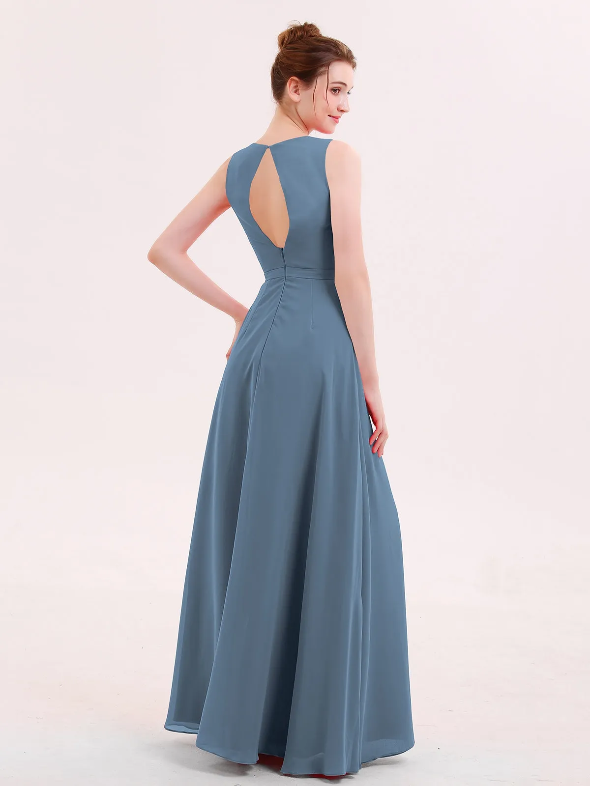 A-line Chiffon Open Back Dress With V-Neck Slate Blue