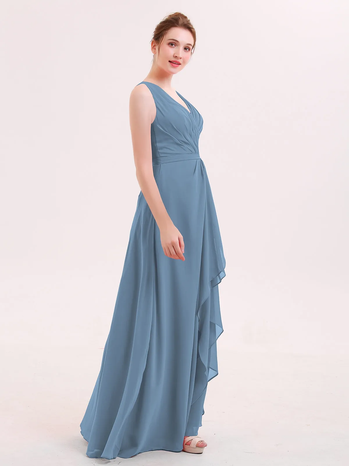 A-line Chiffon Open Back Dress With V-Neck Slate Blue