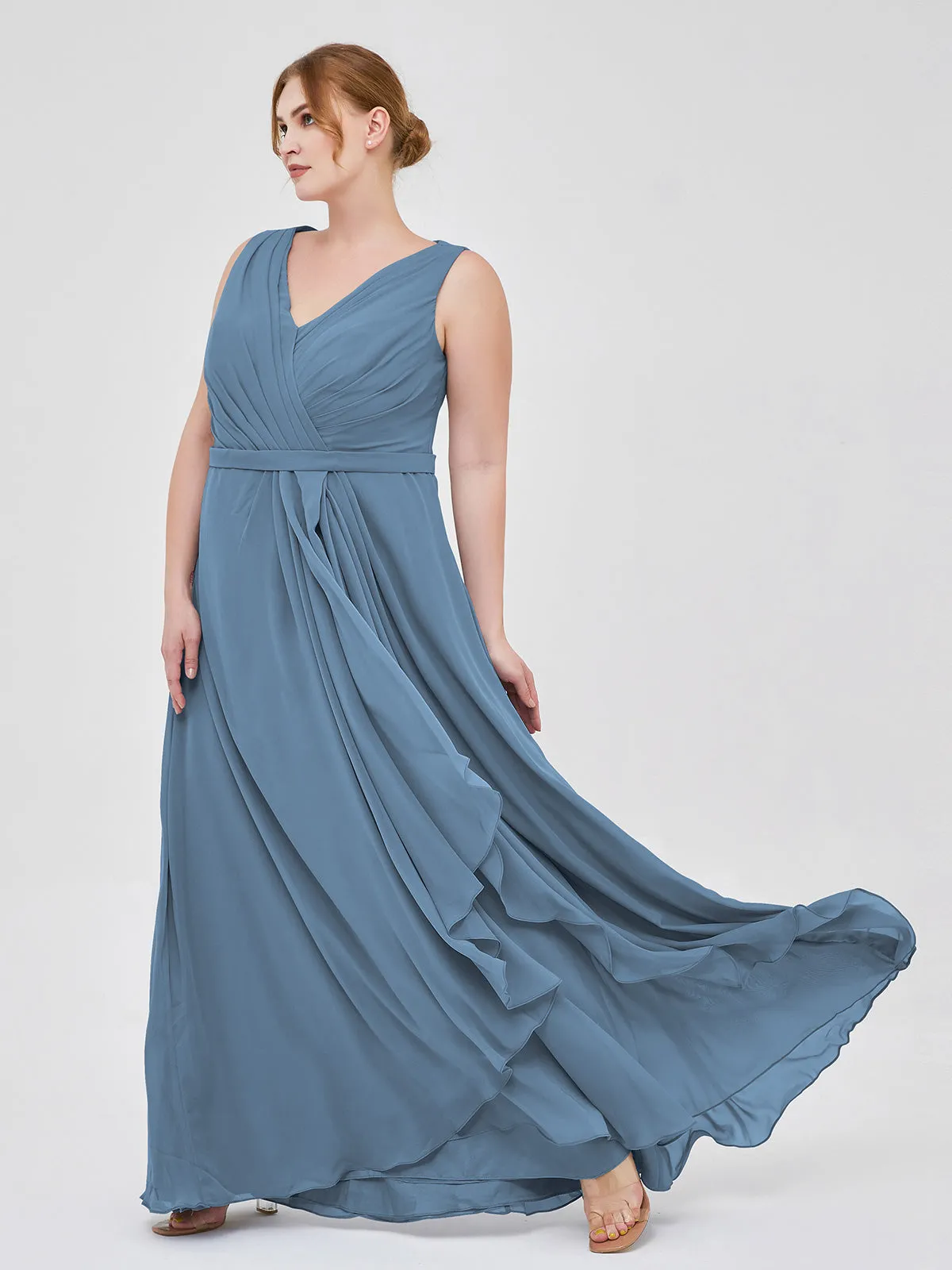 A-line Chiffon Open Back Dress With V-Neck Slate Blue