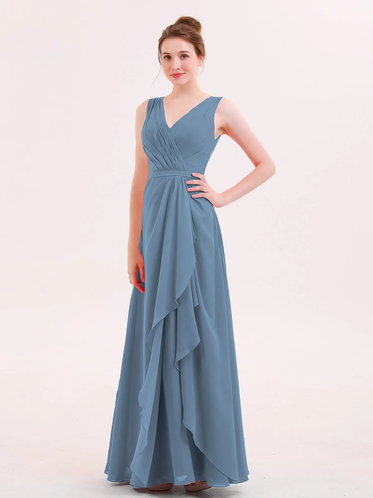 A-line Chiffon Open Back Dress With V-Neck Slate Blue
