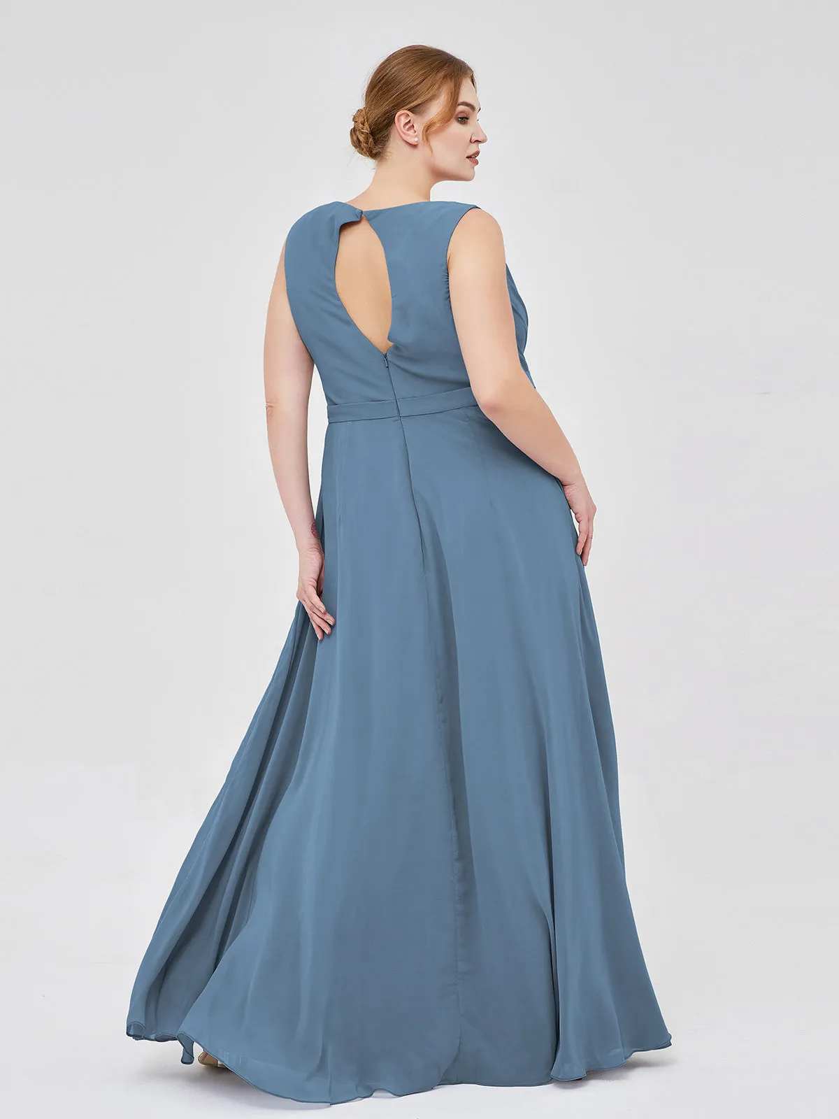 A-line Chiffon Open Back Dress With V-Neck Slate Blue