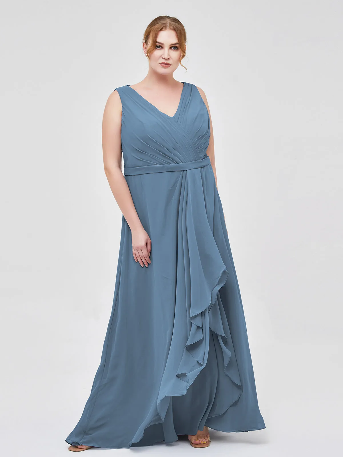 A-line Chiffon Open Back Dress With V-Neck Slate Blue