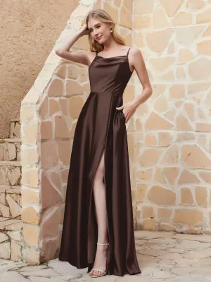 A-line Cowl Neck Satin Dress with Slit Chocolate Plus Size