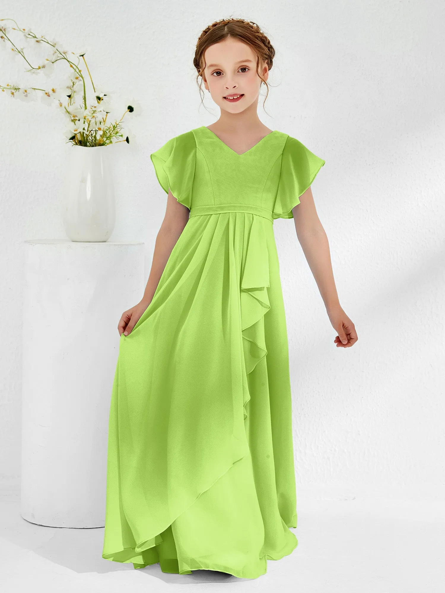 A-line Flutter Sleeves Junior Bridesmaid Dresses Lime Green