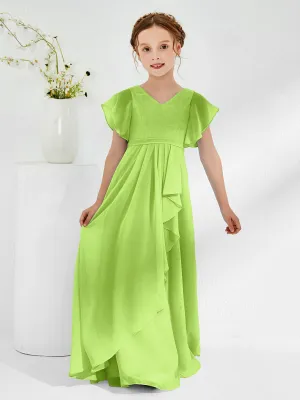 A-line Flutter Sleeves Junior Bridesmaid Dresses Lime Green