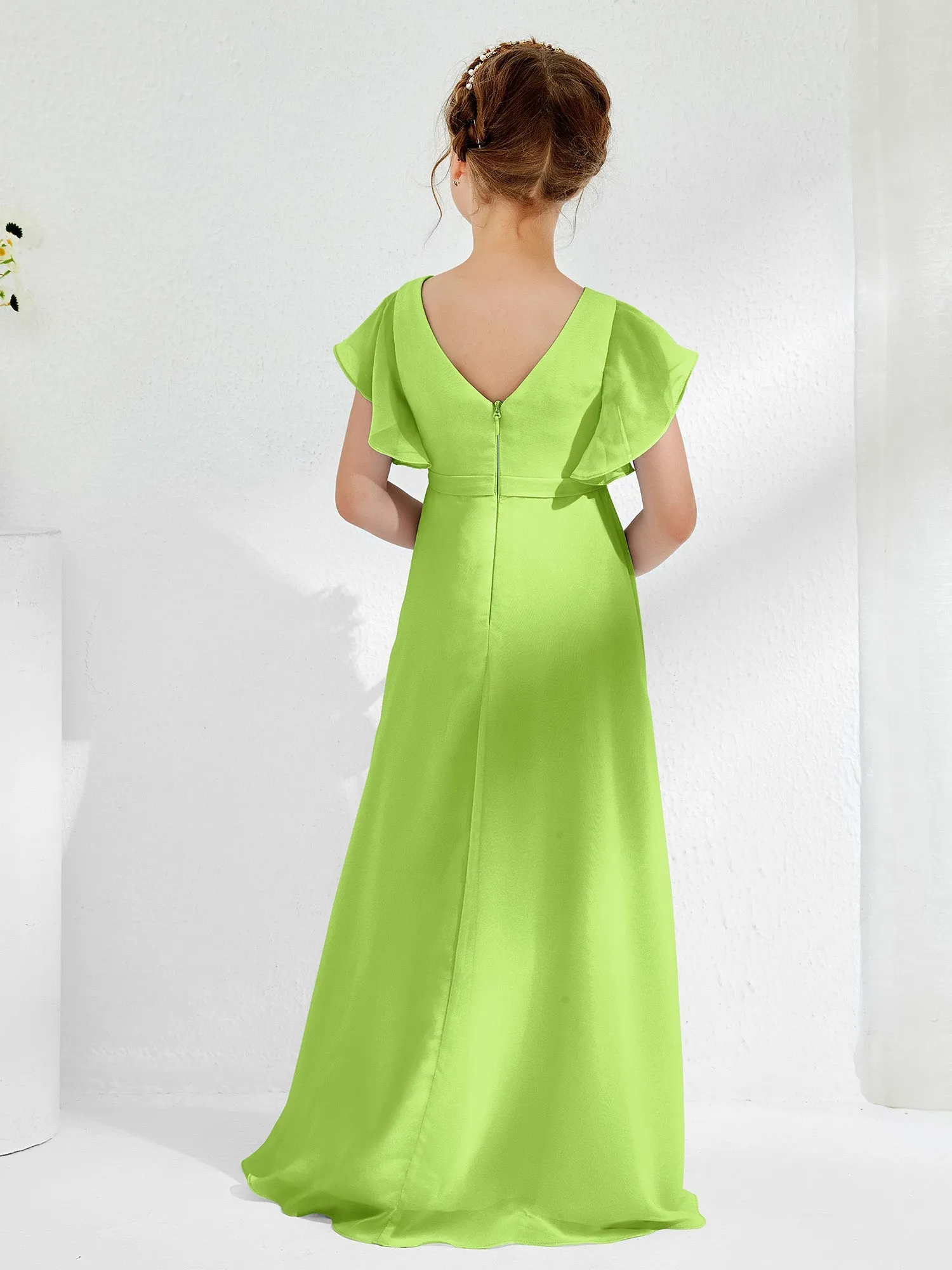A-line Flutter Sleeves Junior Bridesmaid Dresses Lime Green