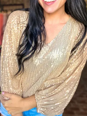 Balloon Sleeve Sequin Top-Gold