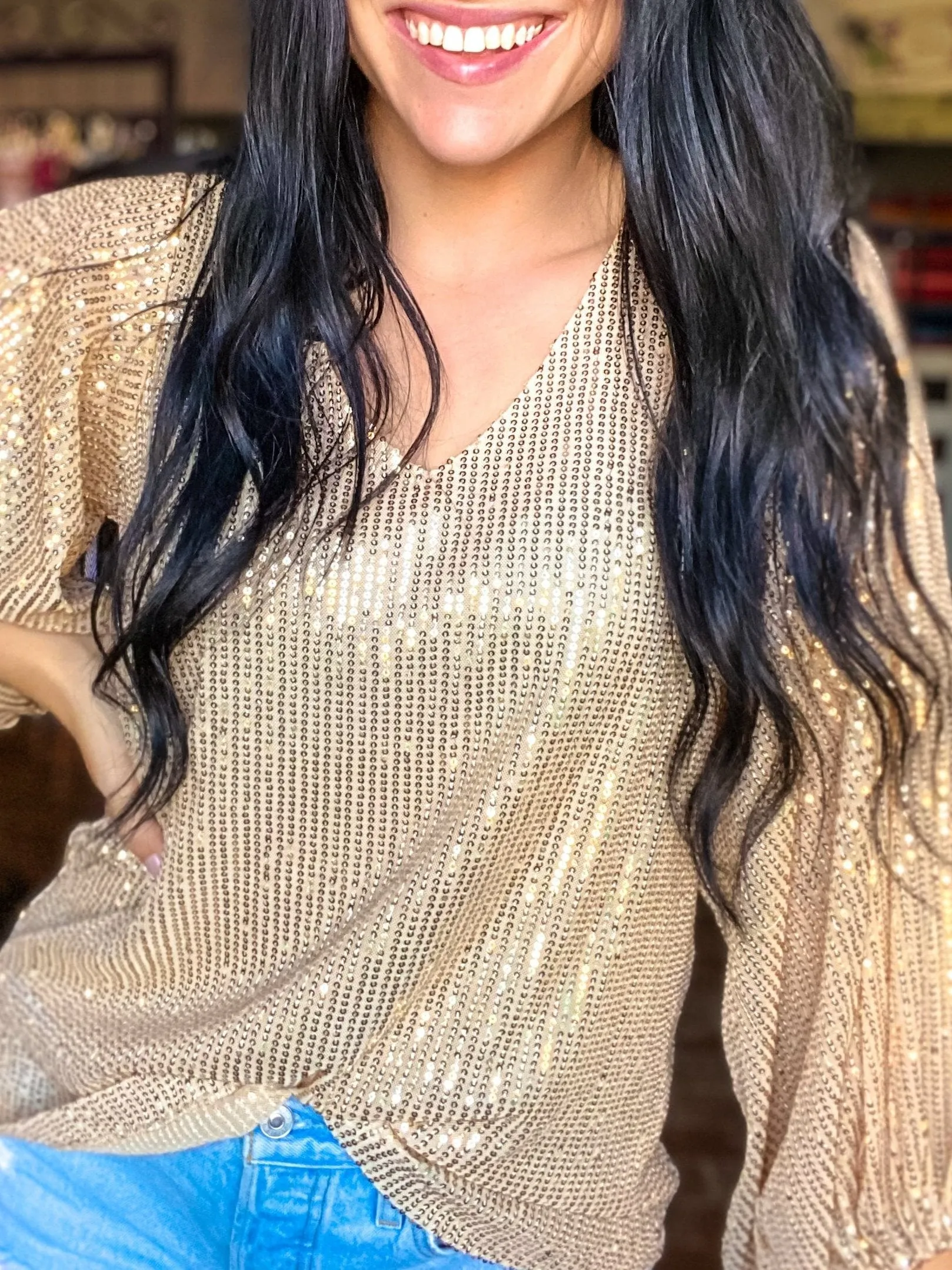 Balloon Sleeve Sequin Top-Gold