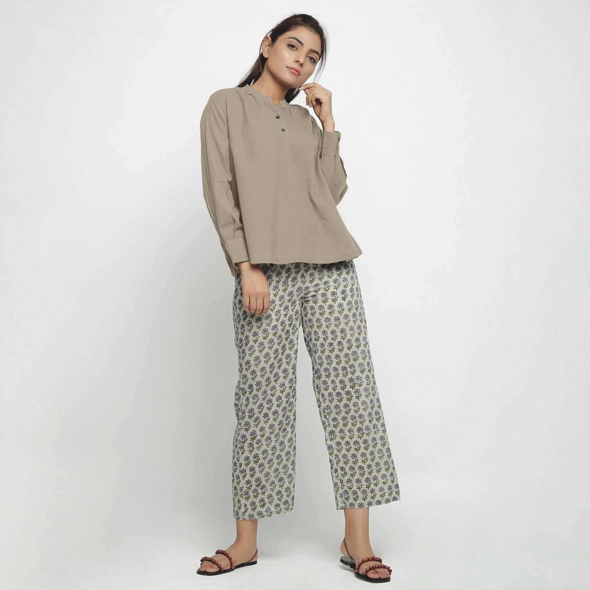 Beige Cotton Flax Mandarin Collar Yoked Top