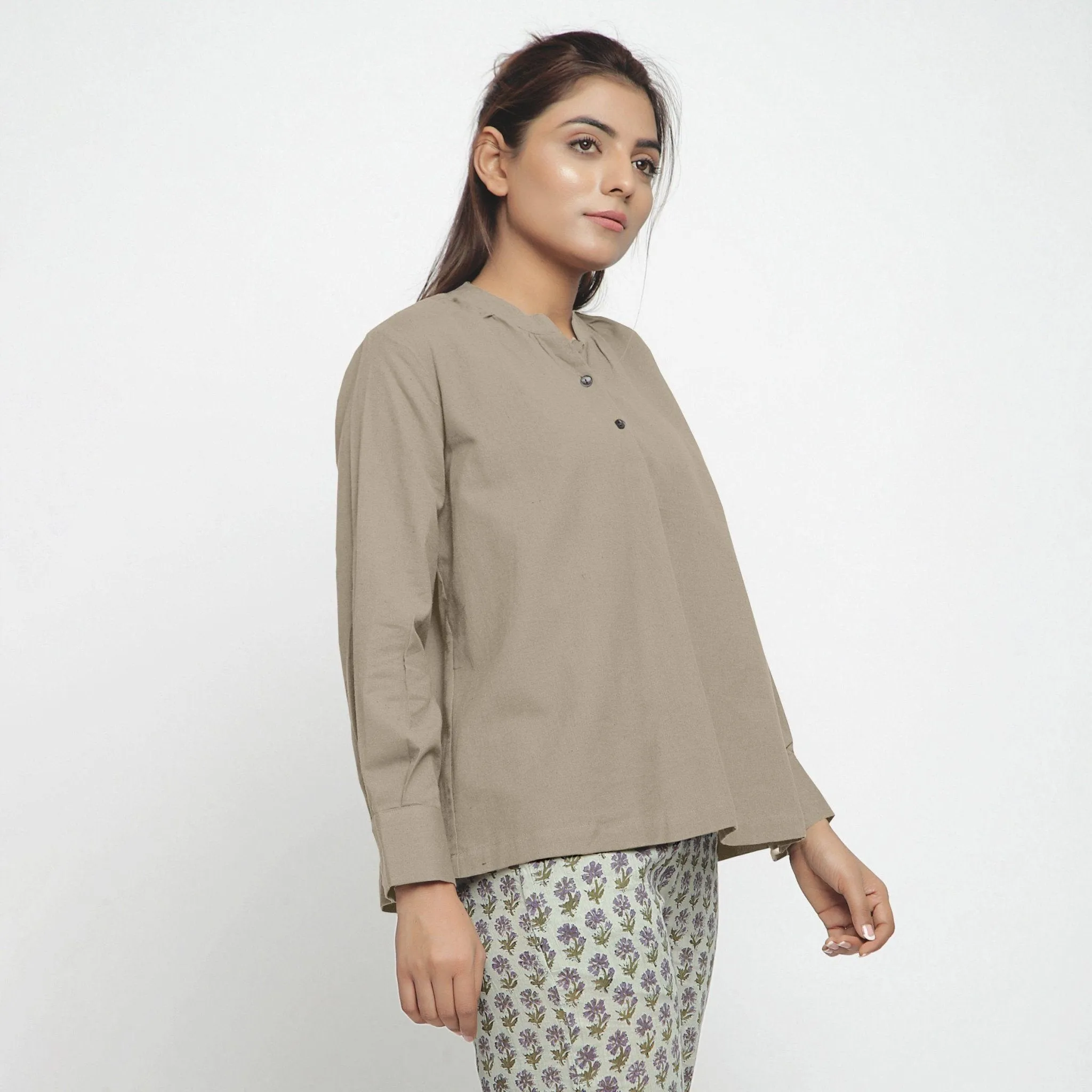 Beige Cotton Flax Mandarin Collar Yoked Top