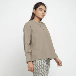 Beige Cotton Flax Mandarin Collar Yoked Top