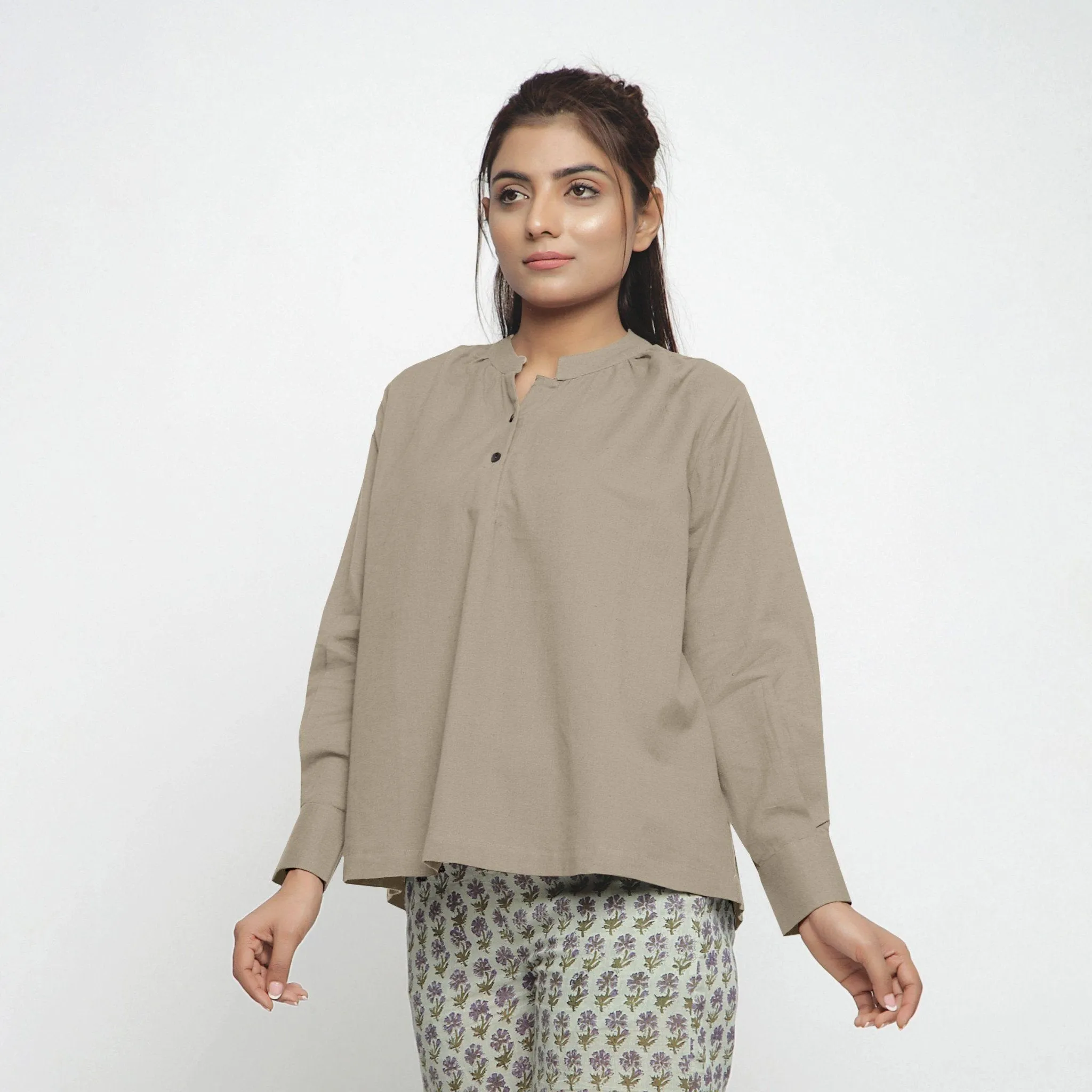 Beige Cotton Flax Mandarin Collar Yoked Top