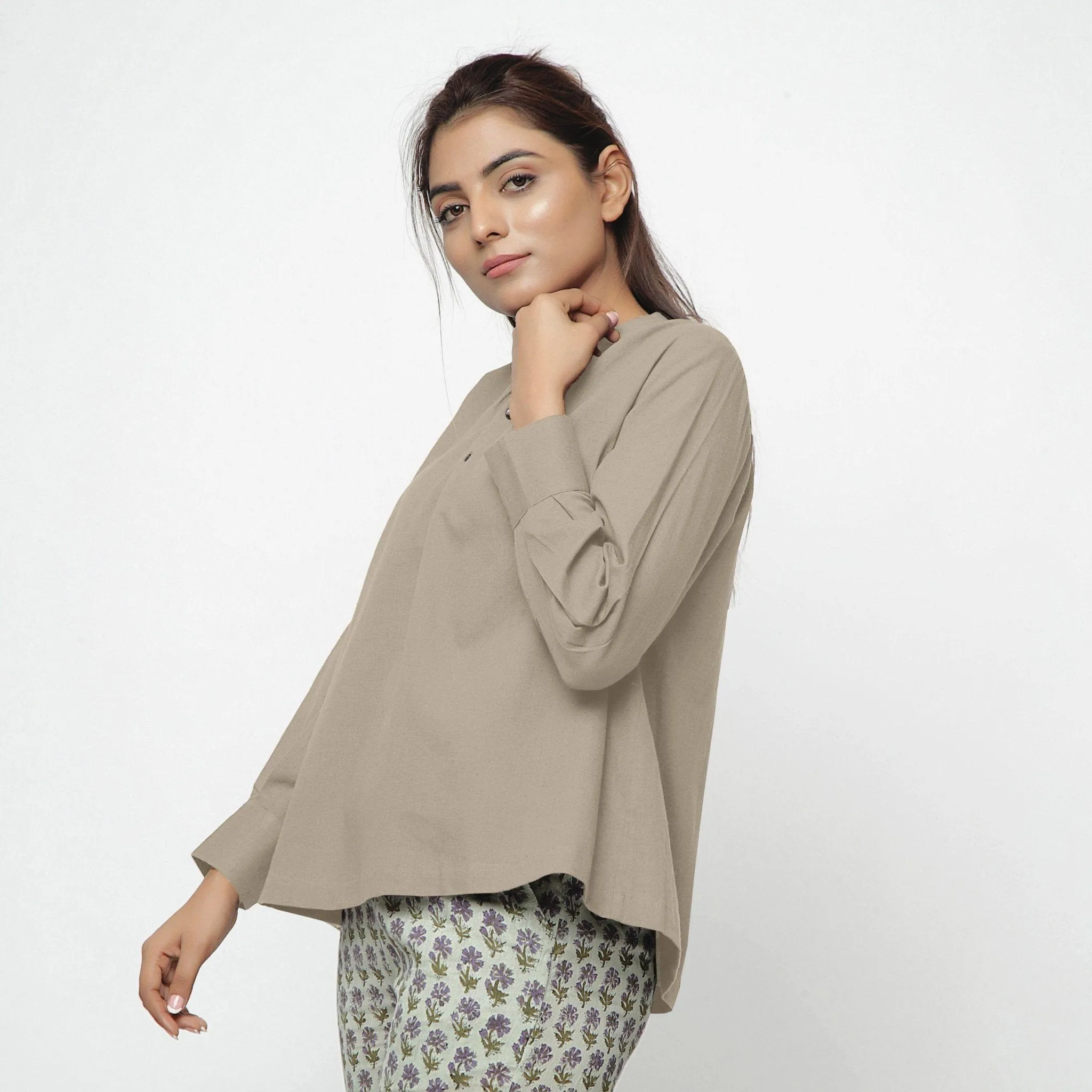 Beige Cotton Flax Mandarin Collar Yoked Top