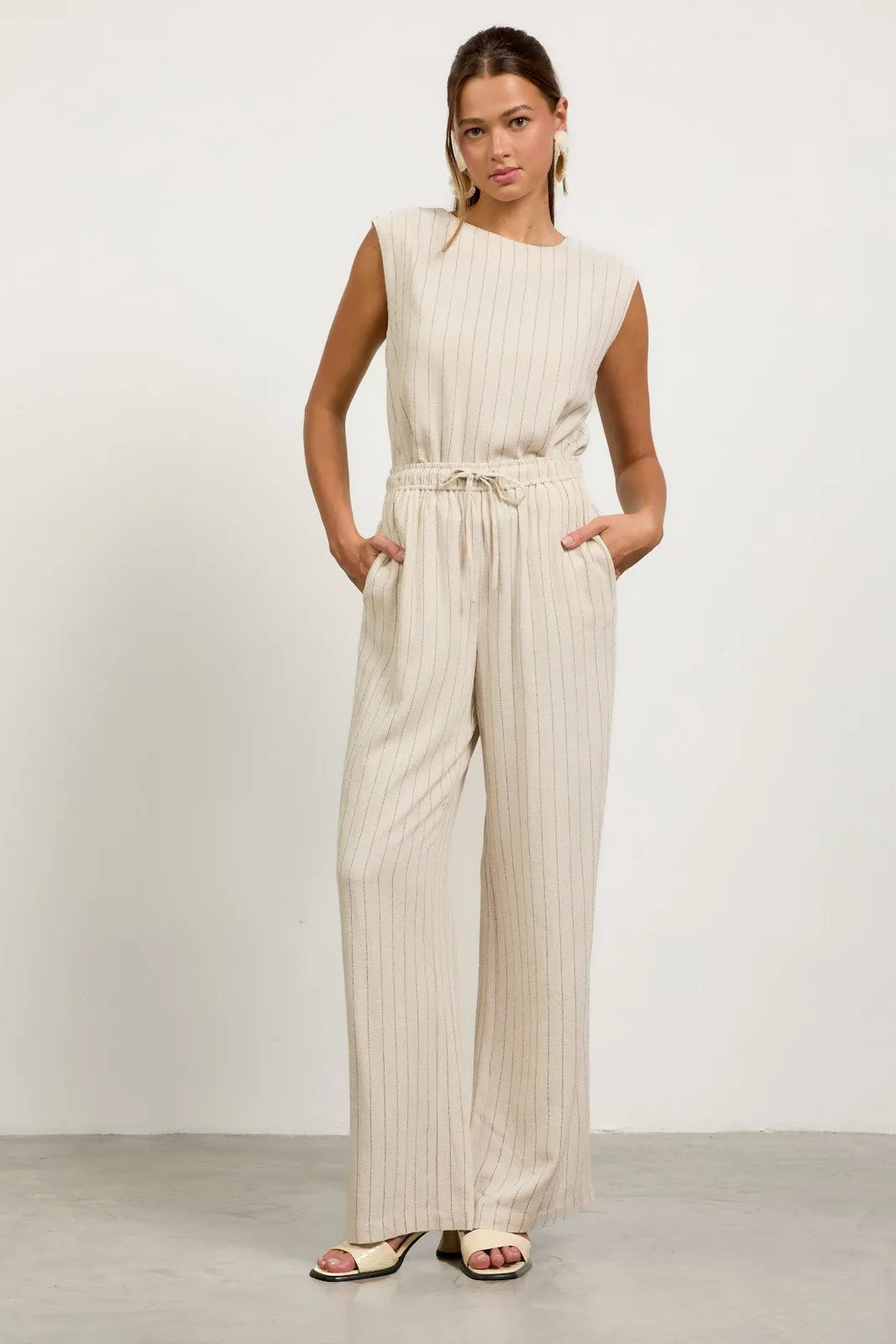 Billie Linen Stripe Pull On Wide Leg Pants - Natural/Black