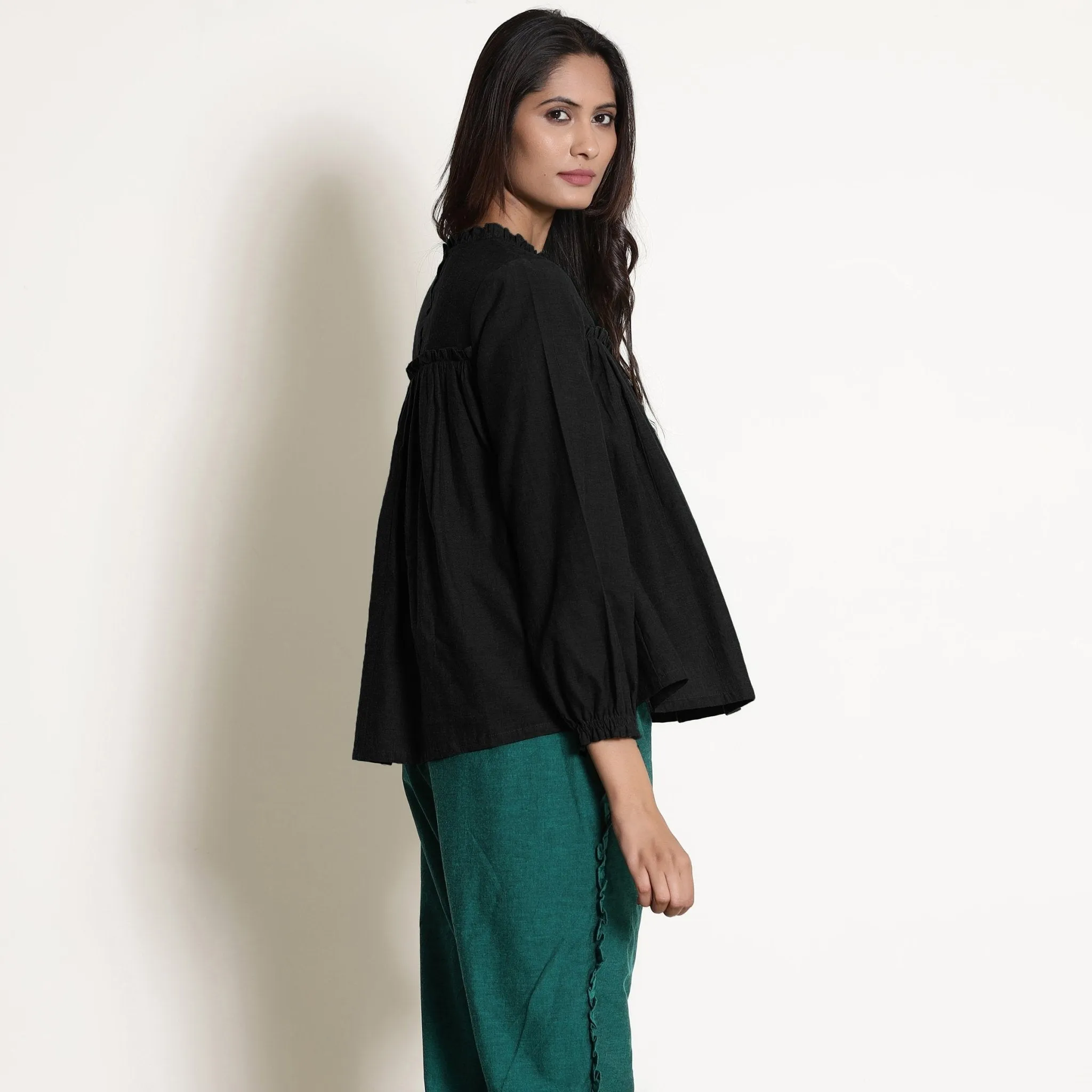 Black Warm Cotton Flannel Frilled Gathered Yoke Top