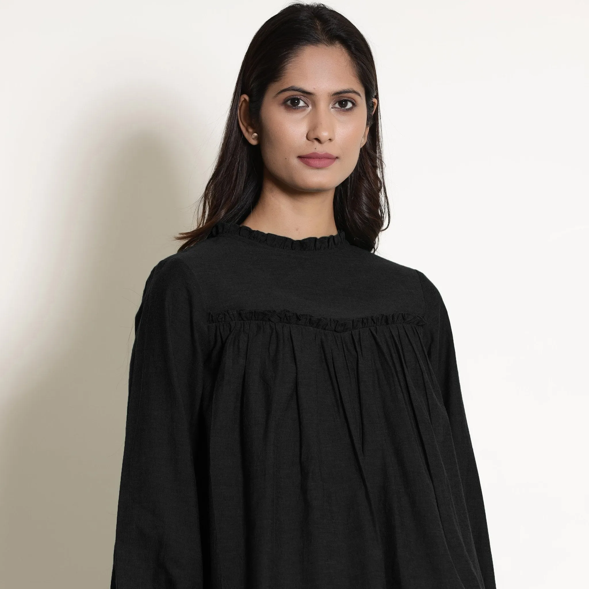 Black Warm Cotton Flannel Frilled Gathered Yoke Top