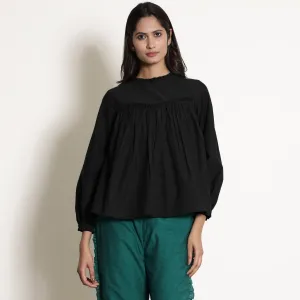 Black Warm Cotton Flannel Frilled Gathered Yoke Top