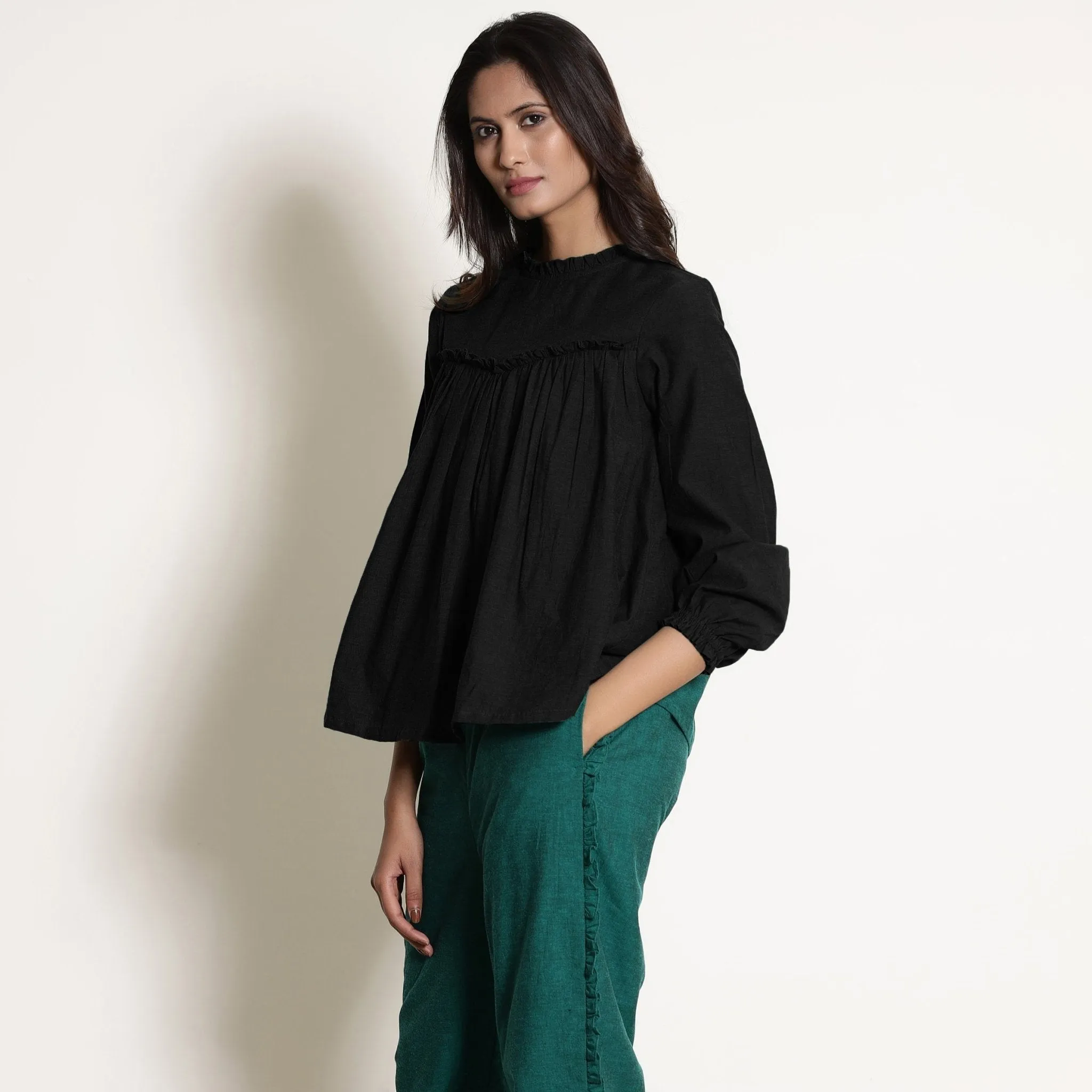 Black Warm Cotton Flannel Frilled Gathered Yoke Top