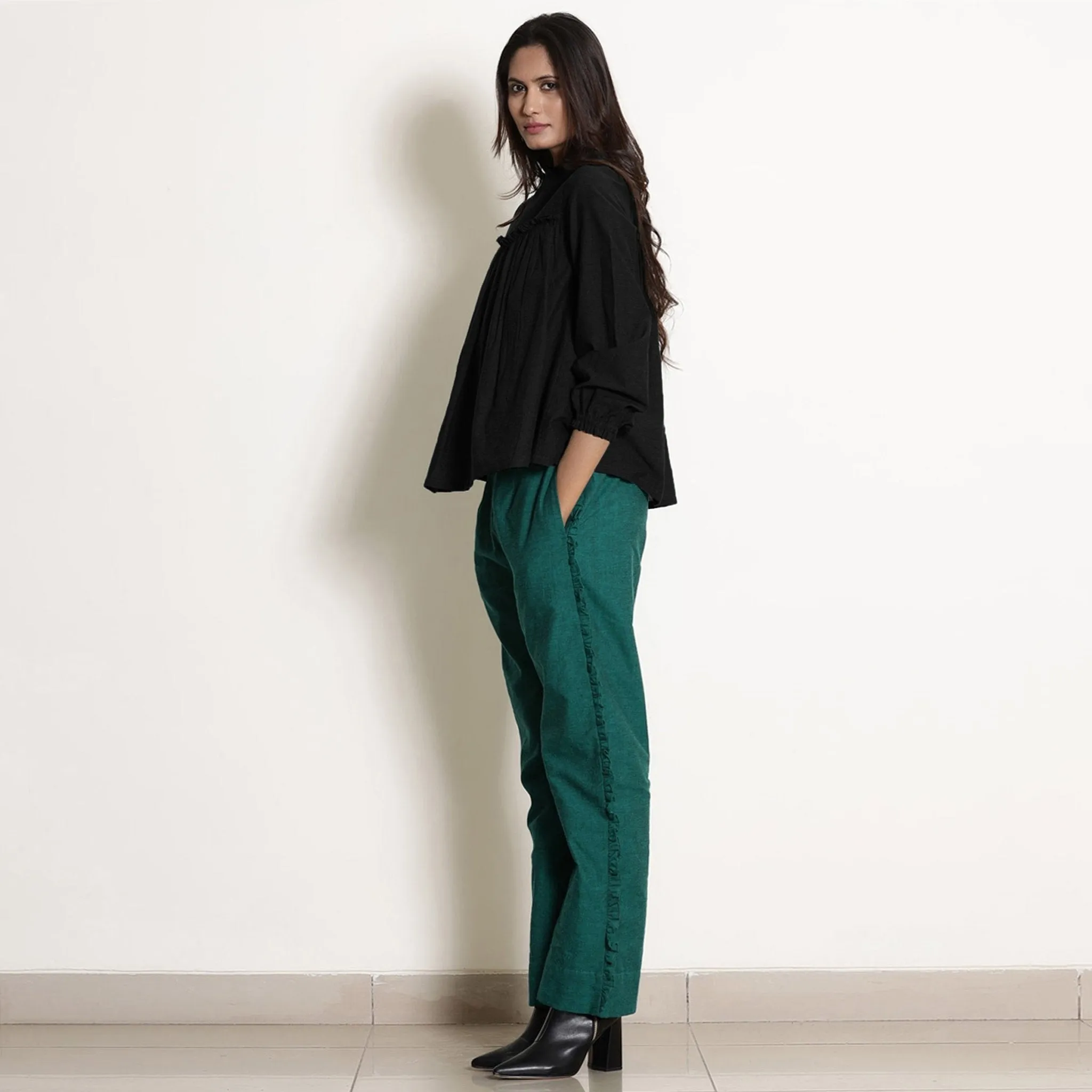 Black Warm Cotton Flannel Frilled Gathered Yoke Top