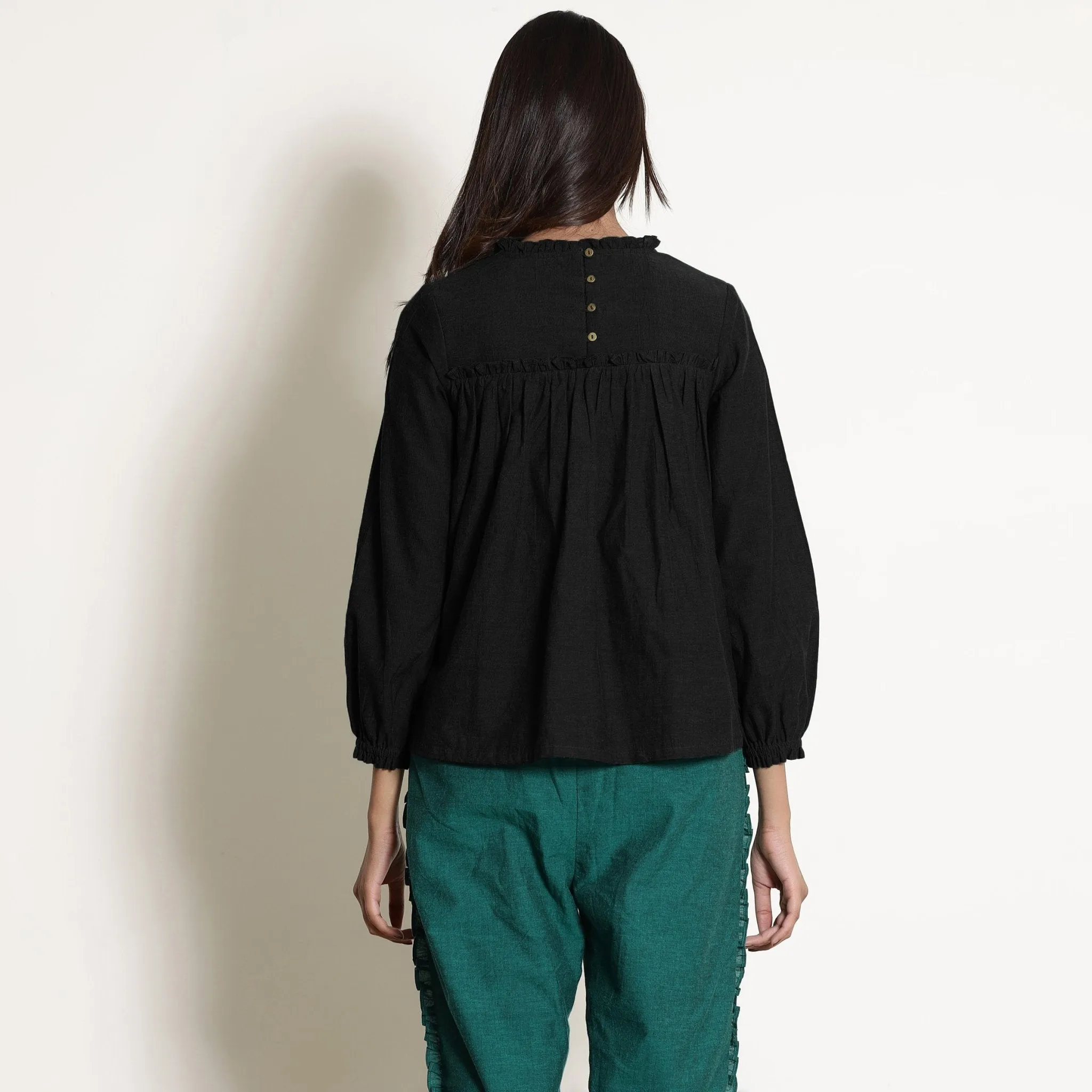 Black Warm Cotton Flannel Frilled Gathered Yoke Top