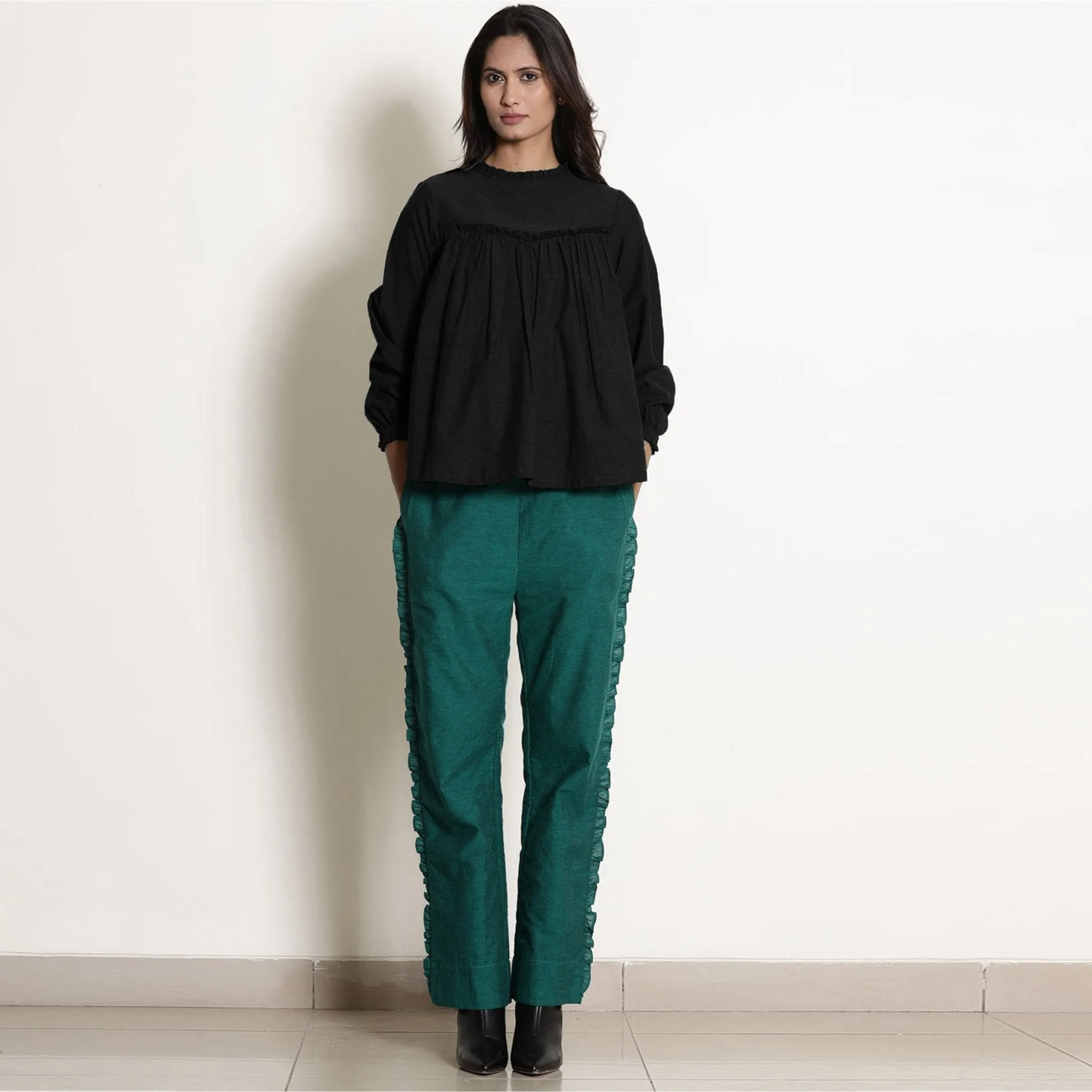 Black Warm Cotton Flannel Frilled Gathered Yoke Top