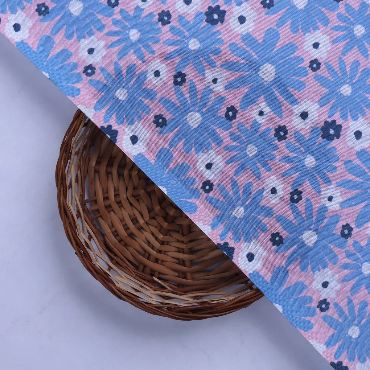 Blue Floral Printed Linen Fabric