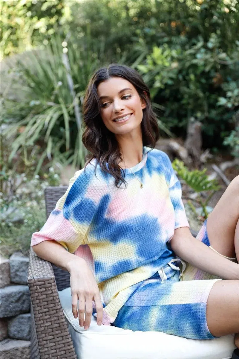 Blue Yellow Tie-Dye Waffle-Knit T-Shirt & Biker Shorts Set