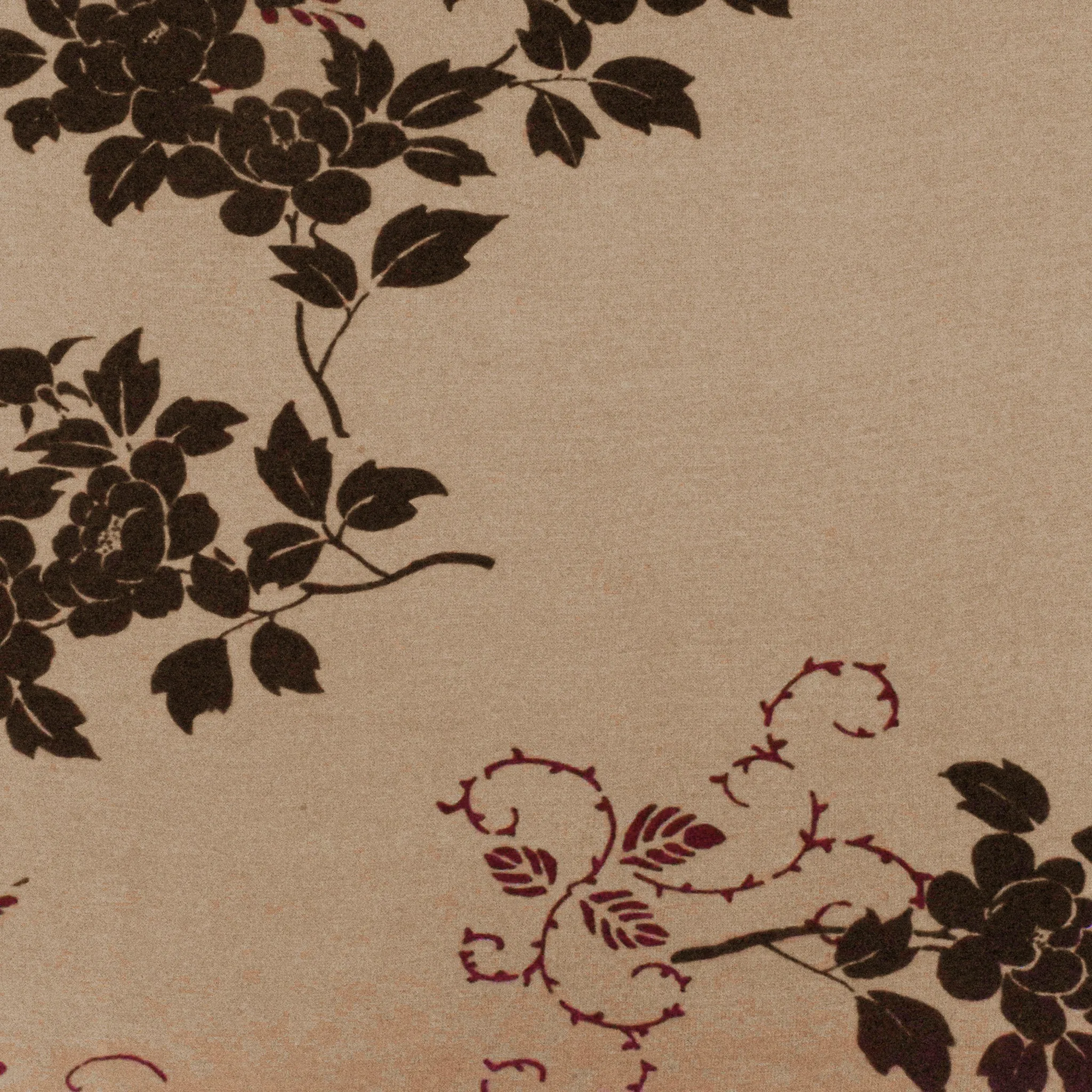 Brown-Burgundy Floral Leaf Printed Slub Jersey Knit Fabric