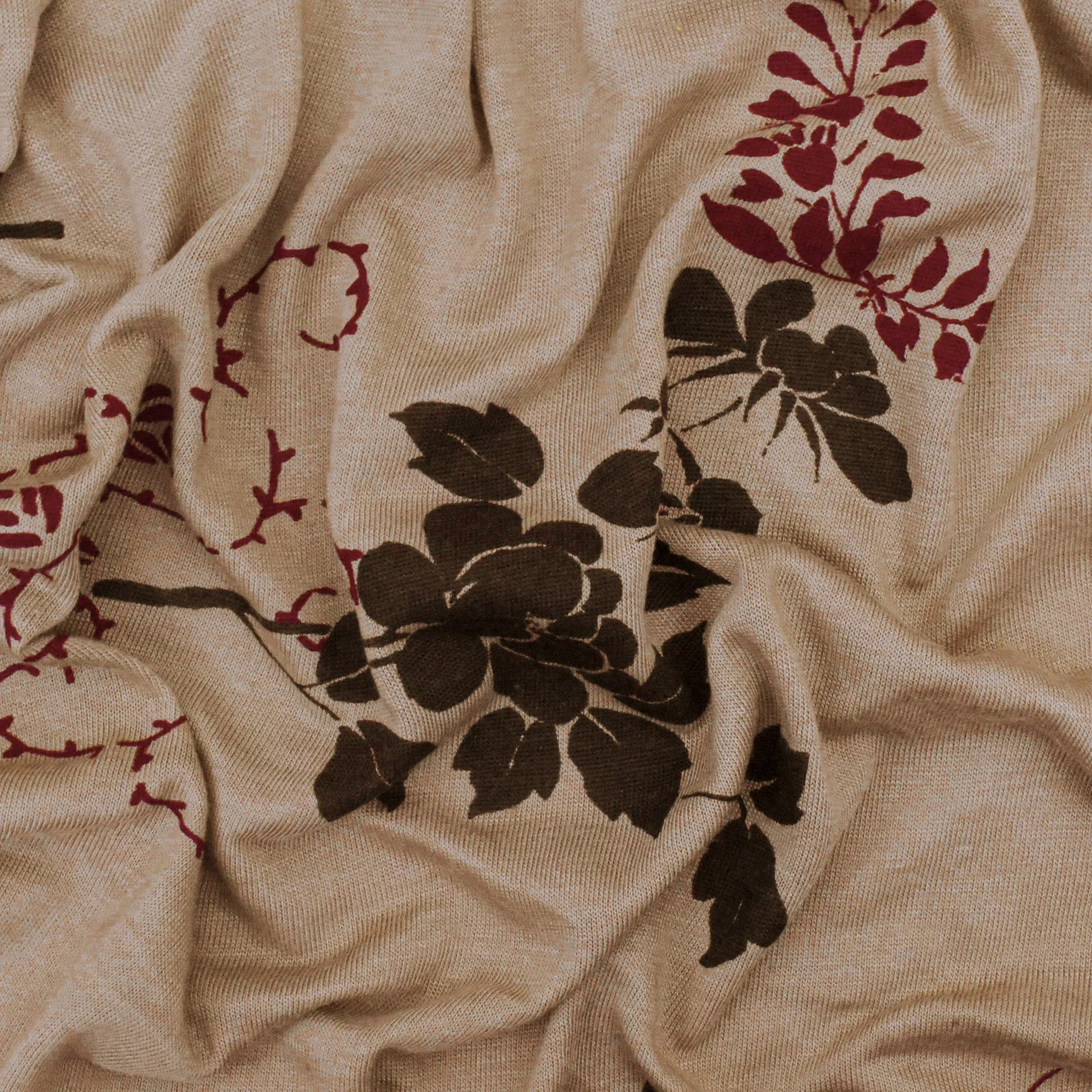 Brown-Burgundy Floral Leaf Printed Slub Jersey Knit Fabric