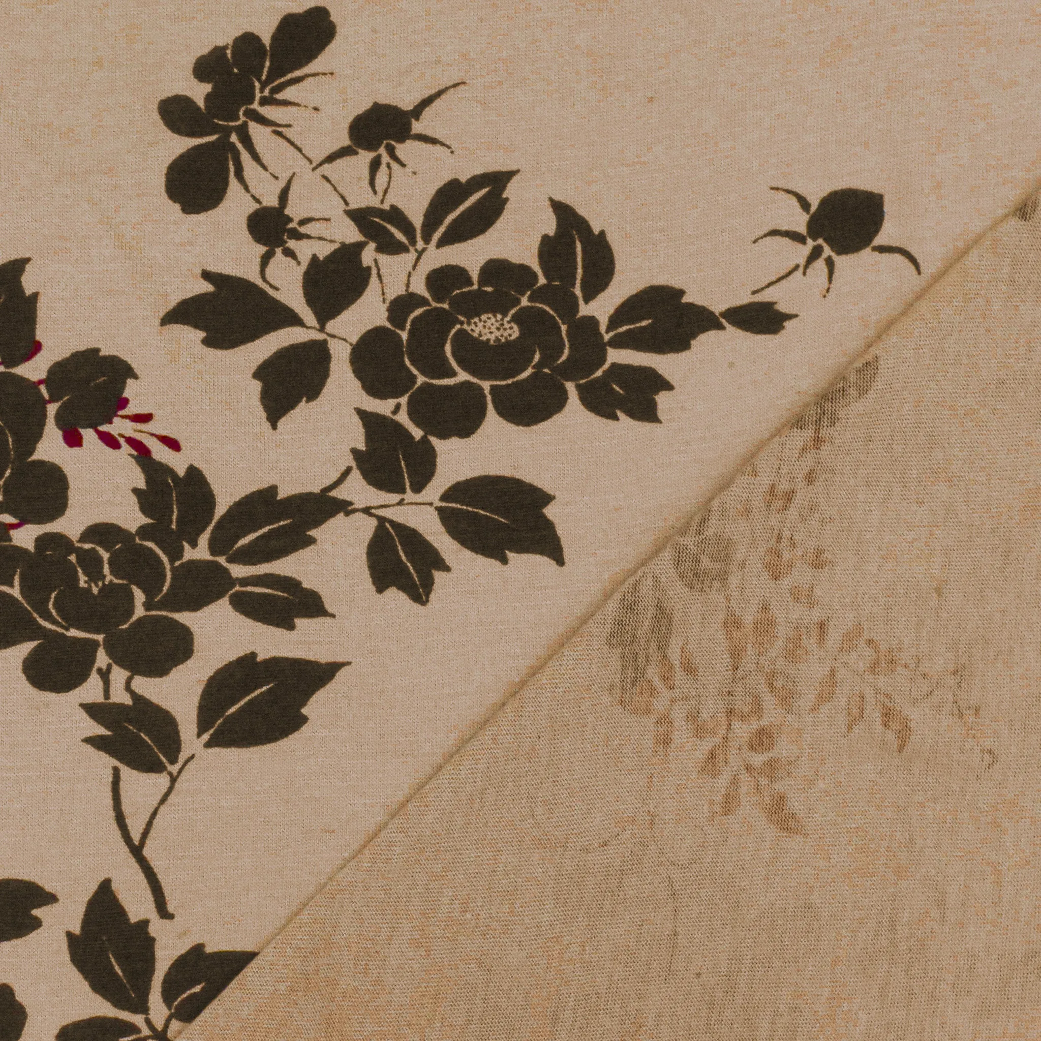 Brown-Burgundy Floral Leaf Printed Slub Jersey Knit Fabric