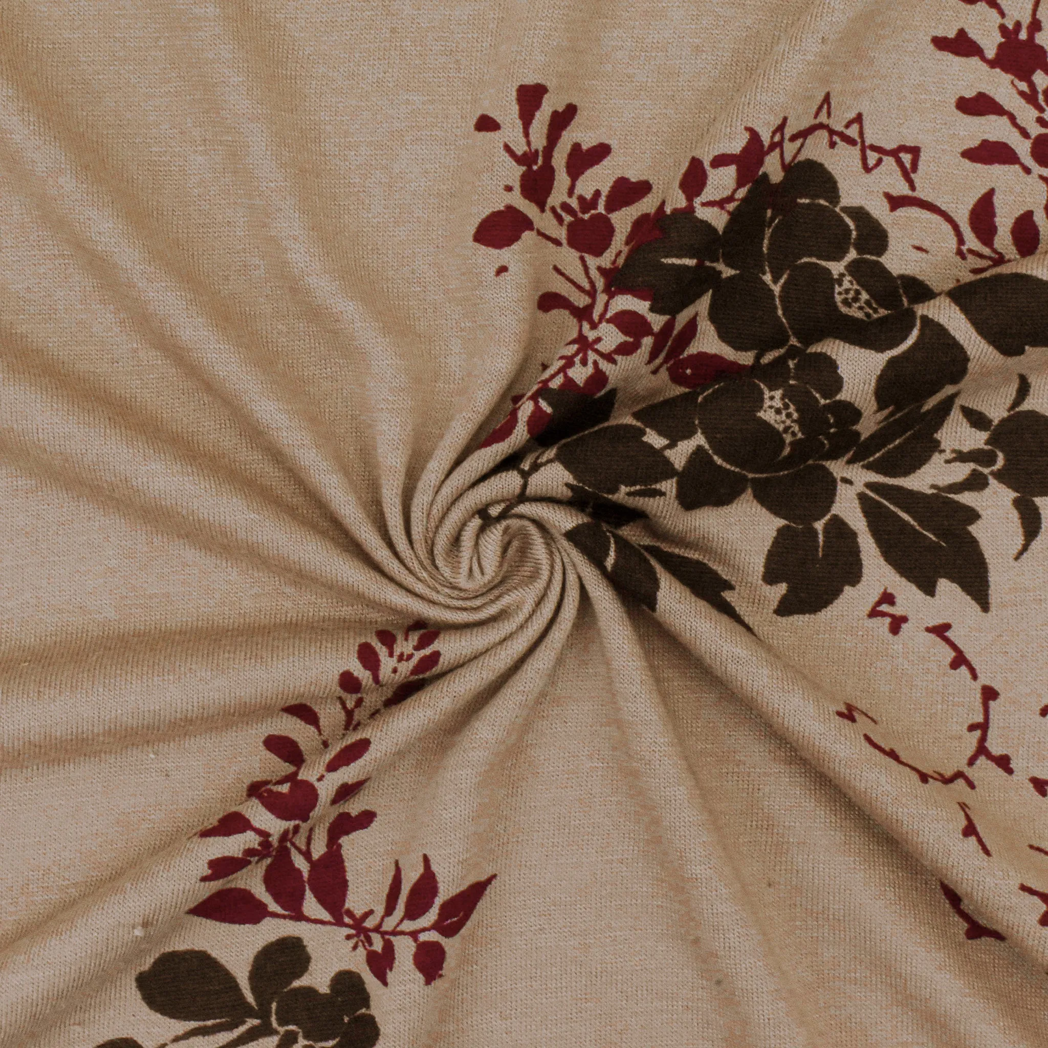 Brown-Burgundy Floral Leaf Printed Slub Jersey Knit Fabric