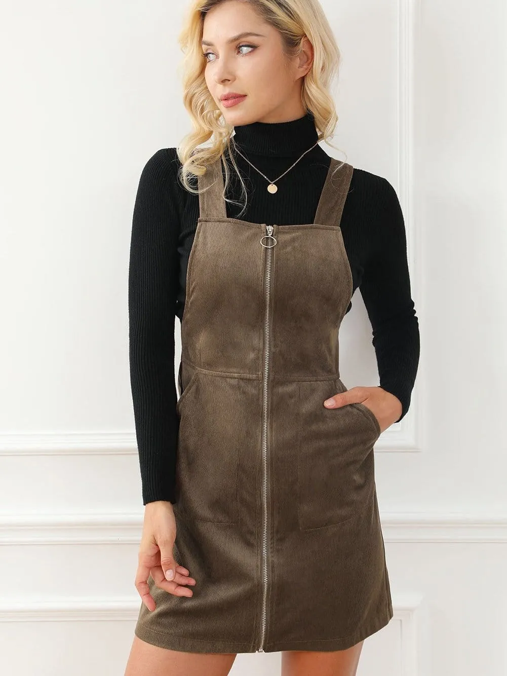 Brown Corduroy Pocketed Zip-Up Mini Dress with O-ring Detail