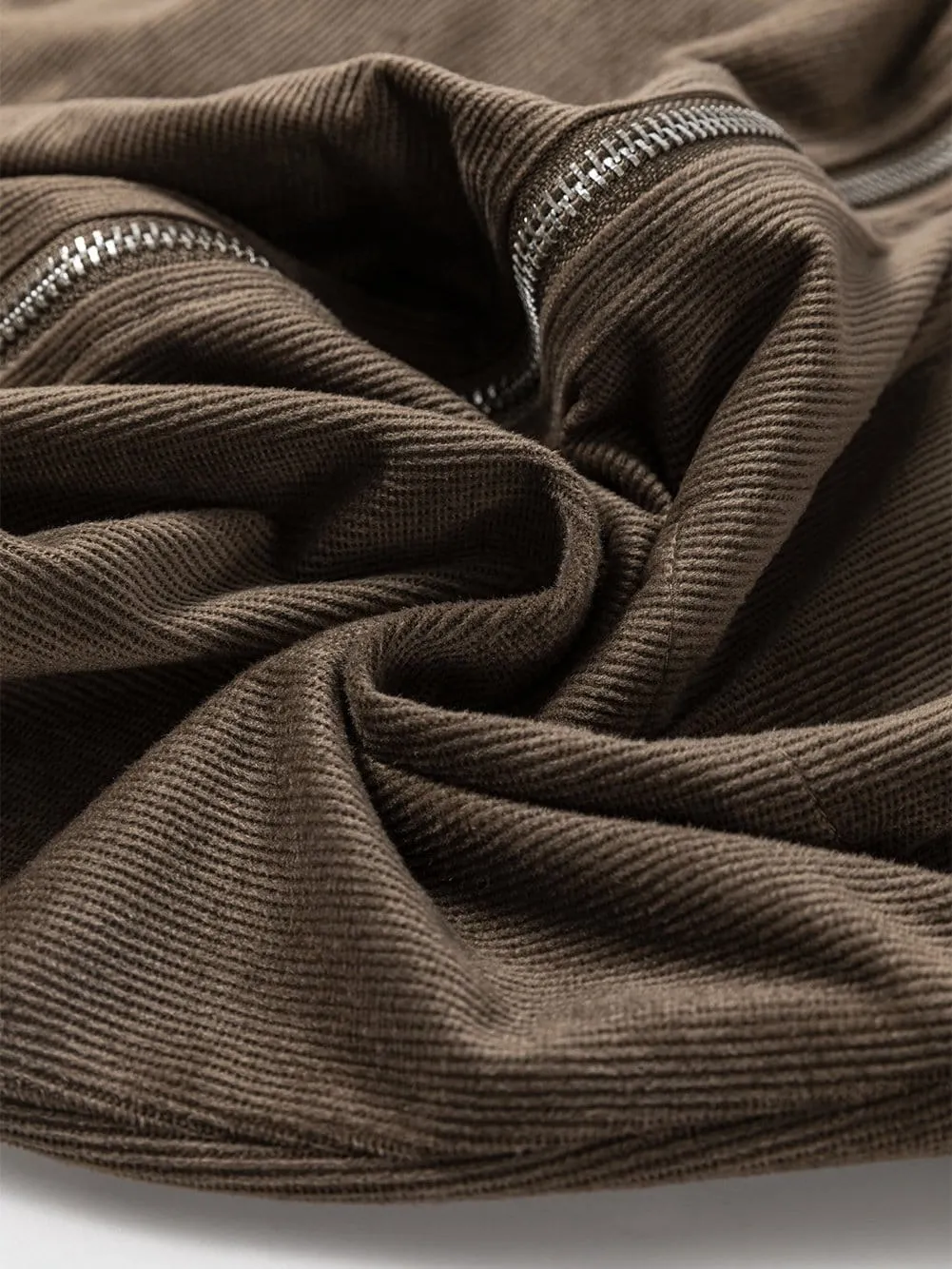 Brown Corduroy Pocketed Zip-Up Mini Dress with O-ring Detail