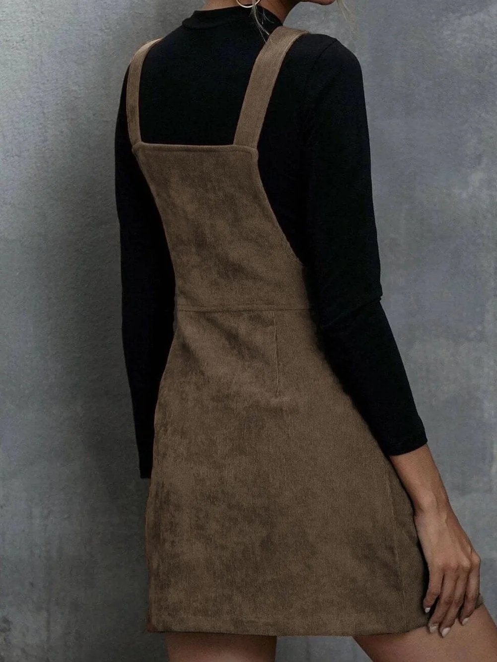 Brown Corduroy Pocketed Zip-Up Mini Dress with O-ring Detail