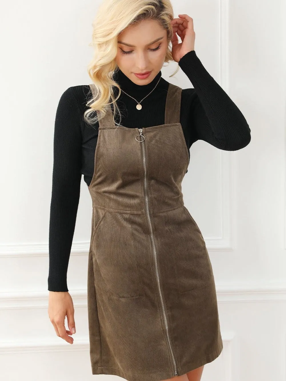 Brown Corduroy Pocketed Zip-Up Mini Dress with O-ring Detail