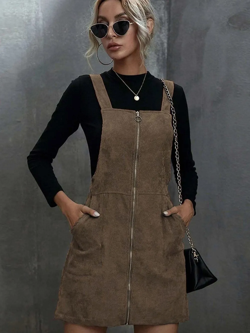 Brown Corduroy Pocketed Zip-Up Mini Dress with O-ring Detail