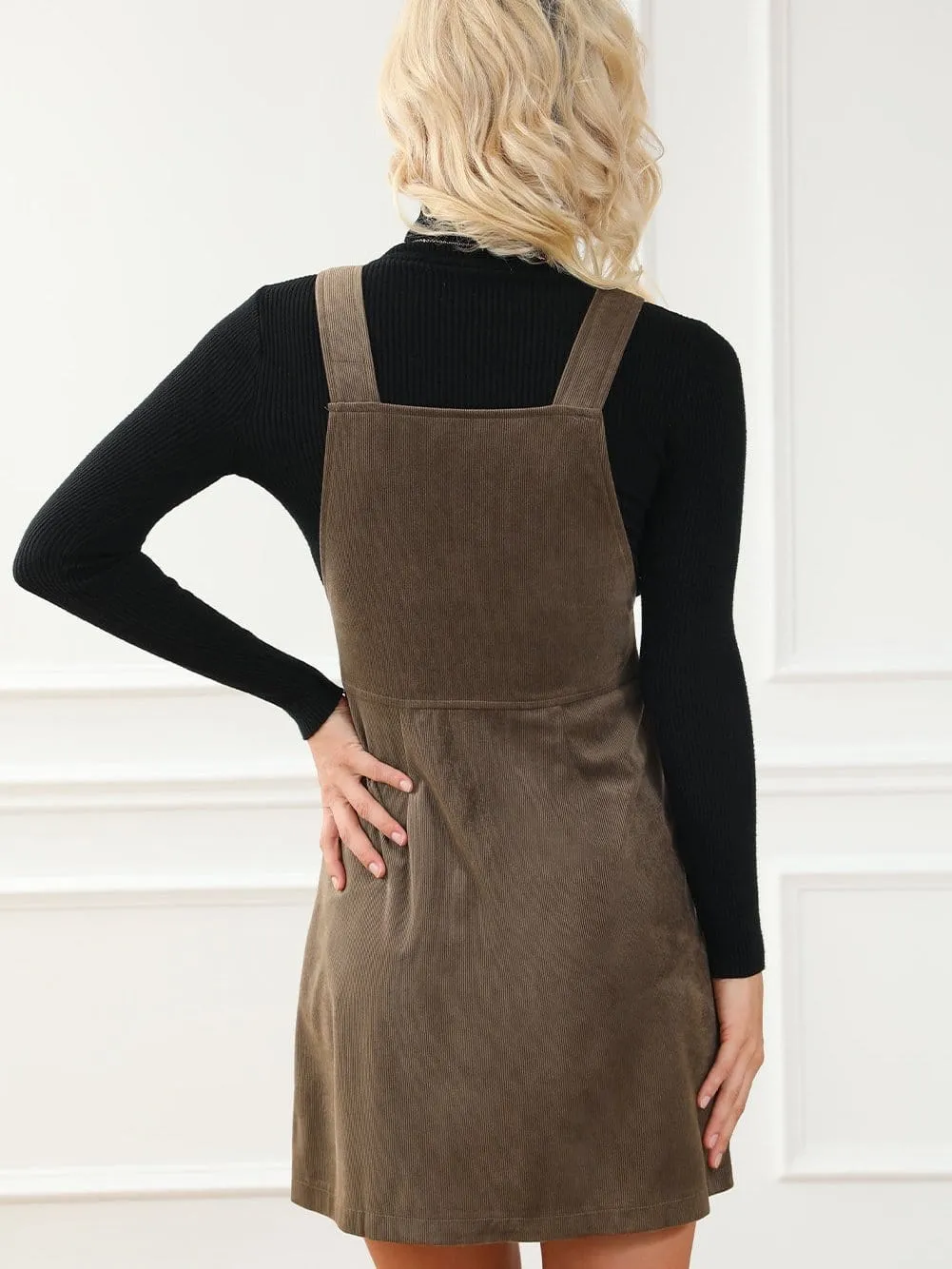 Brown Corduroy Pocketed Zip-Up Mini Dress with O-ring Detail